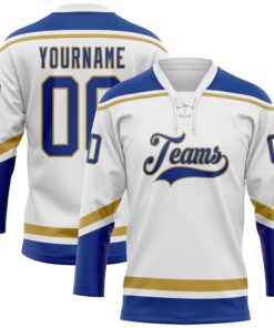 Custom White Royal-Old Gold Hockey Lace Neck Jersey