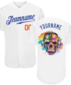 Custom White Royal-Orange Authentic Skull Fashion Baseball Jersey