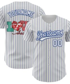 Custom White Royal Pinstripe Royal 3D Love Heart Valentine's Day Authentic Baseball Jersey