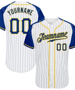 Custom White Royal Pinstripe Royal-Gold Authentic Raglan Sleeves Baseball Jersey