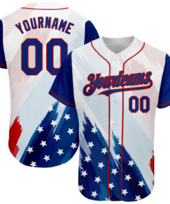 Custom White Royal-Red 3D American Flag Fashion Authentic Baseball Jersey