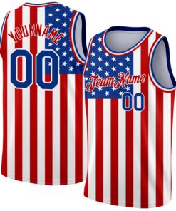 Custom White Royal-Red 3D American Flag Fashion Authentic Basketball Jersey
