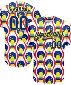 Custom White Royal-Yellow 3D Pattern Design Bowling Authentic Baseball Jersey