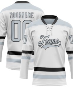 Custom White Silver-Black Hockey Lace Neck Jersey