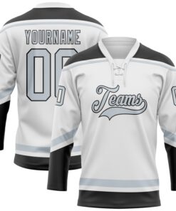 Custom White Silver-Black Hockey Lace Neck Jersey