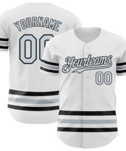 Custom White Silver-Black Line Authentic Baseball Jersey
