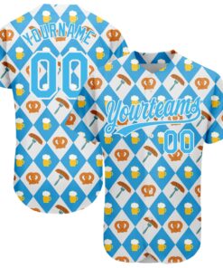 Custom White Sky Blue 3D Pattern Design Beer Festival Authentic Baseball Jersey