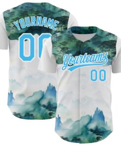 Custom White Sky Blue 3D Pattern Design Mountains Landscape Authentic Baseball Jersey