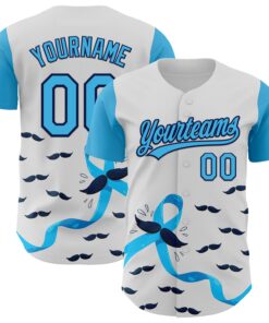 Custom White Sky Blue-Navy 3D Prostate Cancer Ribbon Authentic Baseball Jersey
