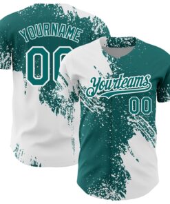 Custom White Teal 3D Pattern Design Abstract Brush Stroke Authentic Baseball Jersey