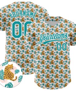 Custom White Teal 3D Pattern Design Animal Leopard Authentic Baseball Jersey