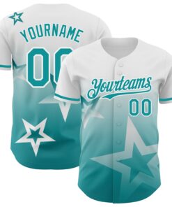 Custom White Teal 3D Pattern Design Gradient Style Twinkle Star Authentic Baseball Jersey