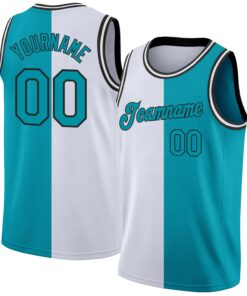 Custom White Teal-Black Authentic Split Fashion Basketball Jersey