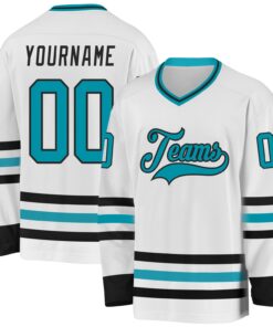 Custom White Teal-Black Hockey Jersey