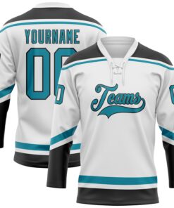 Custom White Teal-Black Hockey Lace Neck Jersey