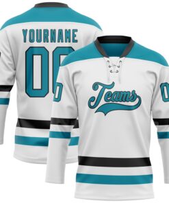 Custom White Teal-Black Hockey Lace Neck Jersey