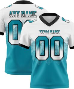 Custom White Teal-Black Mesh Authentic Gradient Square Shape Flag Football Jersey