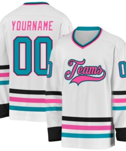 Custom White Teal Black-Pink Hockey Jersey