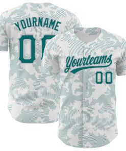Custom White Teal-Gray 3D Pattern Design Curve Lines Authentic Baseball Jersey