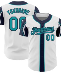 Custom White Teal-Navy 3 Colors Arm Shapes Authentic Baseball Jersey