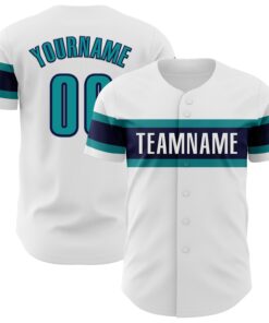 Custom White Teal-Navy Authentic Baseball Jersey