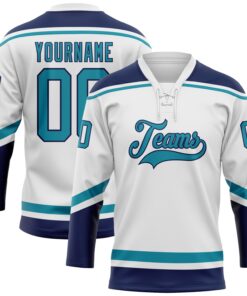 Custom White Teal-Navy Hockey Lace Neck Jersey
