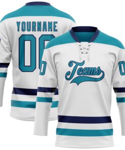 Custom White Teal-Navy Hockey Lace Neck Jersey