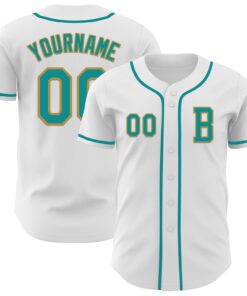 Custom White Teal-Old Gold Authentic Baseball Jersey