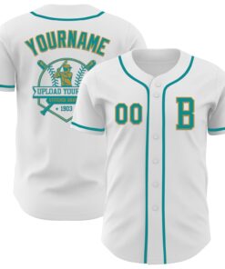 Custom White Teal-Old Gold Authentic Baseball Jersey