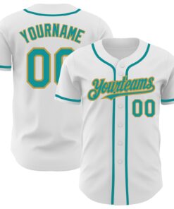 Custom White Teal-Old Gold Authentic Baseball Jersey