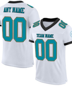 Custom White Teal Old Gold-Black Mesh Authentic Football Jersey