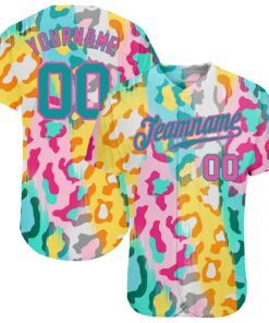 Custom White Teal-Pink 3D Pattern Design Leopard Authentic Baseball Jersey
