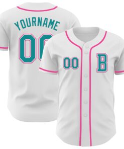 Custom White Teal-Pink Authentic Baseball Jersey