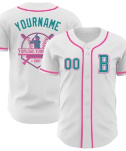 Custom White Teal-Pink Authentic Baseball Jersey