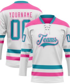 Custom White Teal-Pink Hockey Lace Neck Jersey