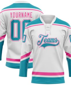 Custom White Teal-Pink Hockey Lace Neck Jersey
