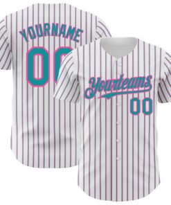 Custom White (Teal Pink Pinstripe) Teal-Pink Authentic Baseball Jersey
