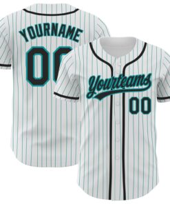 Custom White Teal Pinstripe Black Authentic Baseball Jersey