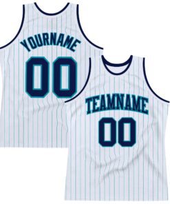 Custom White Teal Pinstripe Navy Authentic Basketball Jersey
