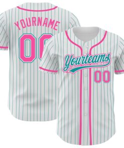 Custom White Teal Pinstripe Pink Authentic Baseball Jersey