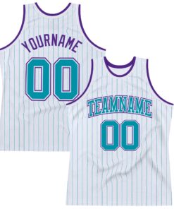 Custom White Teal Pinstripe Teal-Purple Authentic Basketball Jersey