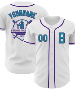 Custom White Teal-Purple Authentic Baseball Jersey