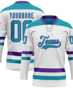 Custom White Teal-Purple Hockey Lace Neck Jersey