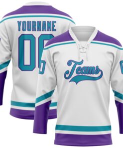 Custom White Teal-Purple Hockey Lace Neck Jersey