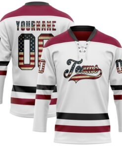 Custom White Vintage USA Flag Black-Maroon Hockey Lace Neck Jersey