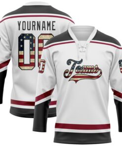 Custom White Vintage USA Flag Black-Maroon Hockey Lace Neck Jersey