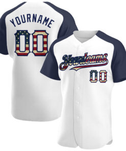 Custom White Vintage USA Flag-Navy Authentic Raglan Sleeves Baseball Jersey