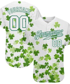 Custom White White-Kelly Green 3D Pattern Design Authentic St. Patrick's Day Baseball Jersey