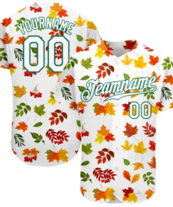 Custom White White-Kelly Green 3D Pattern Design Autumn Leaves Authentic Baseball Jersey