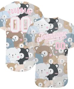 Custom White White-Light Pink 3D Pattern Design Teddy Bears Authentic Baseball Jersey
